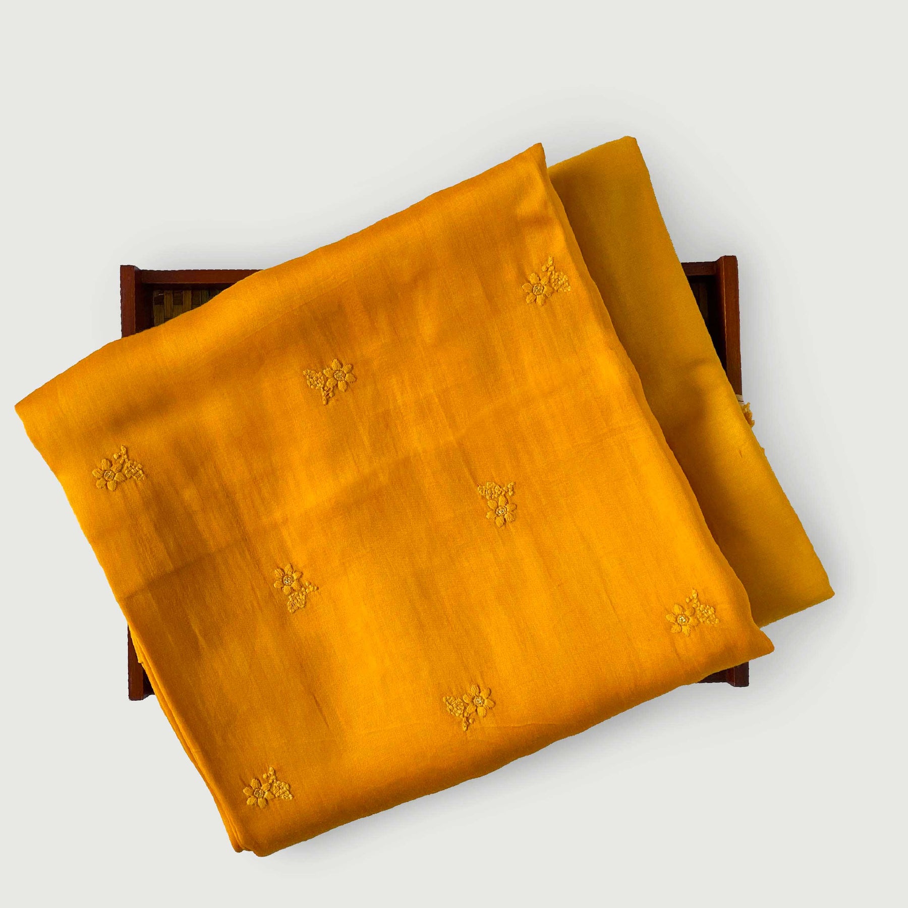 Golden Mustard Dancing Daisies Embroidered Fine Munga Satin Fabric (2. Fabric Pandit