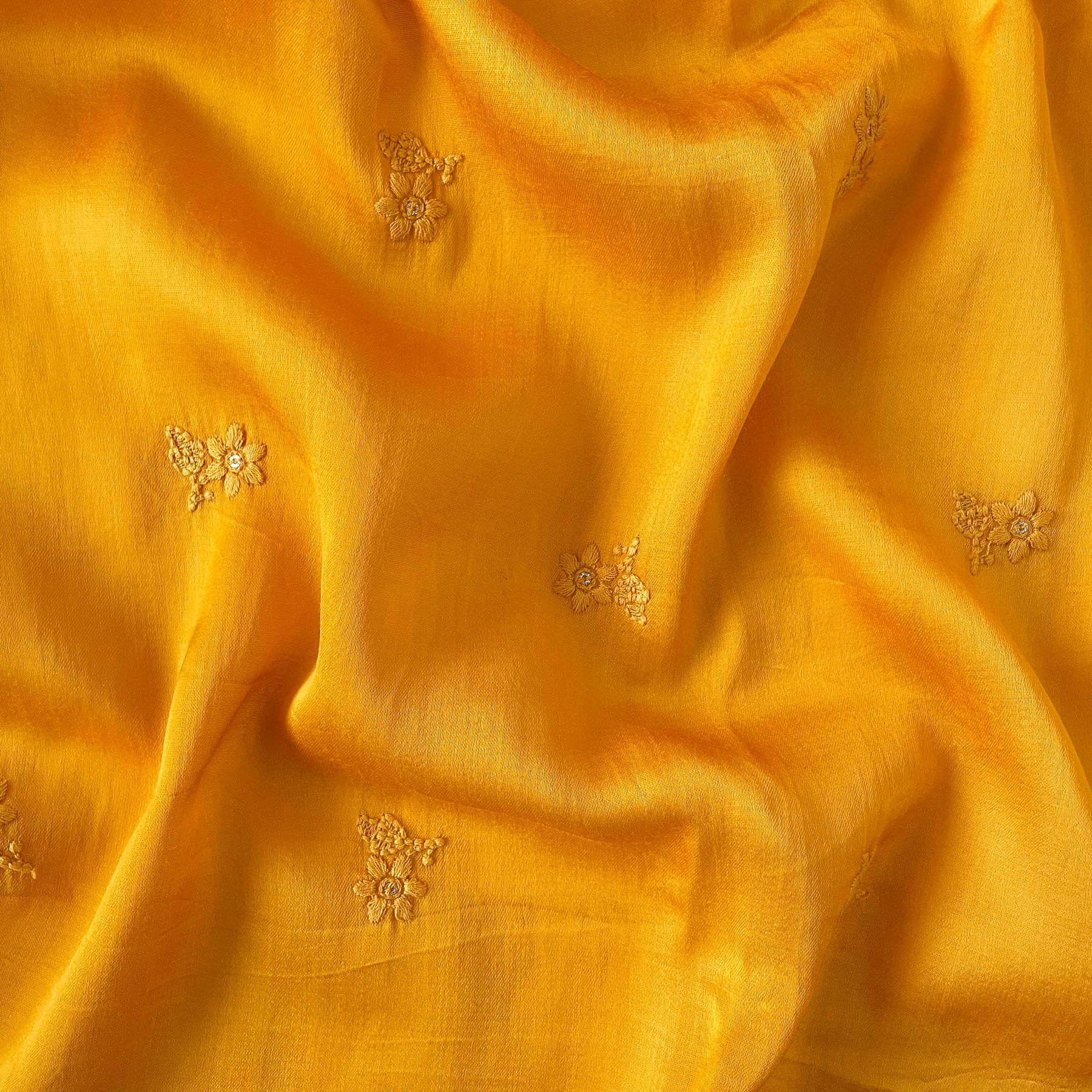 Golden Mustard Dancing Daisies Embroidered Fine Munga Satin Fabric (2. Fabric Pandit