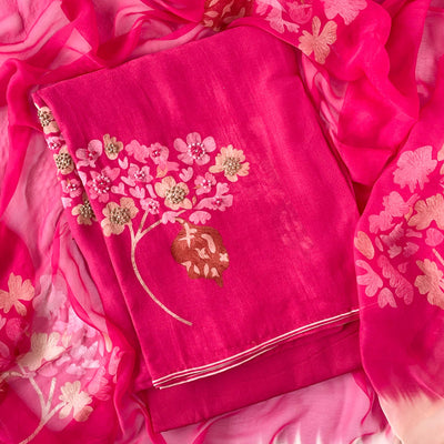 Embroidered Suit Set Unstitched Suit Rose Pink Blooms & Knots Hand Embroidered & Printed Soft Munga Unstitched Suit Set