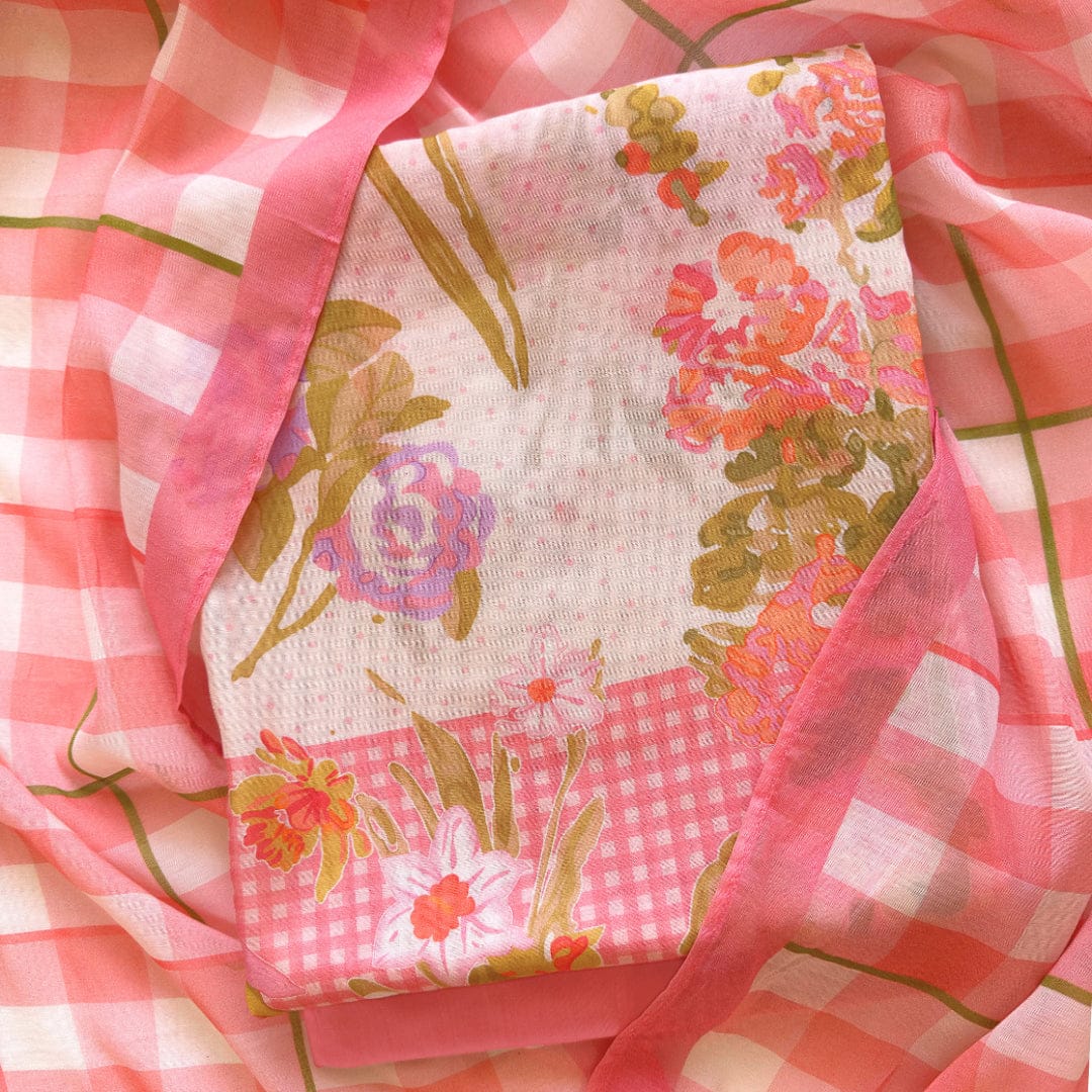 Everyday Botanicals Unstitched Suit Unstitched Suit Off-White And Peach Everyday Botanicals Wildflowers Printed Pure Mul Chanderi Unstitched Suit Set