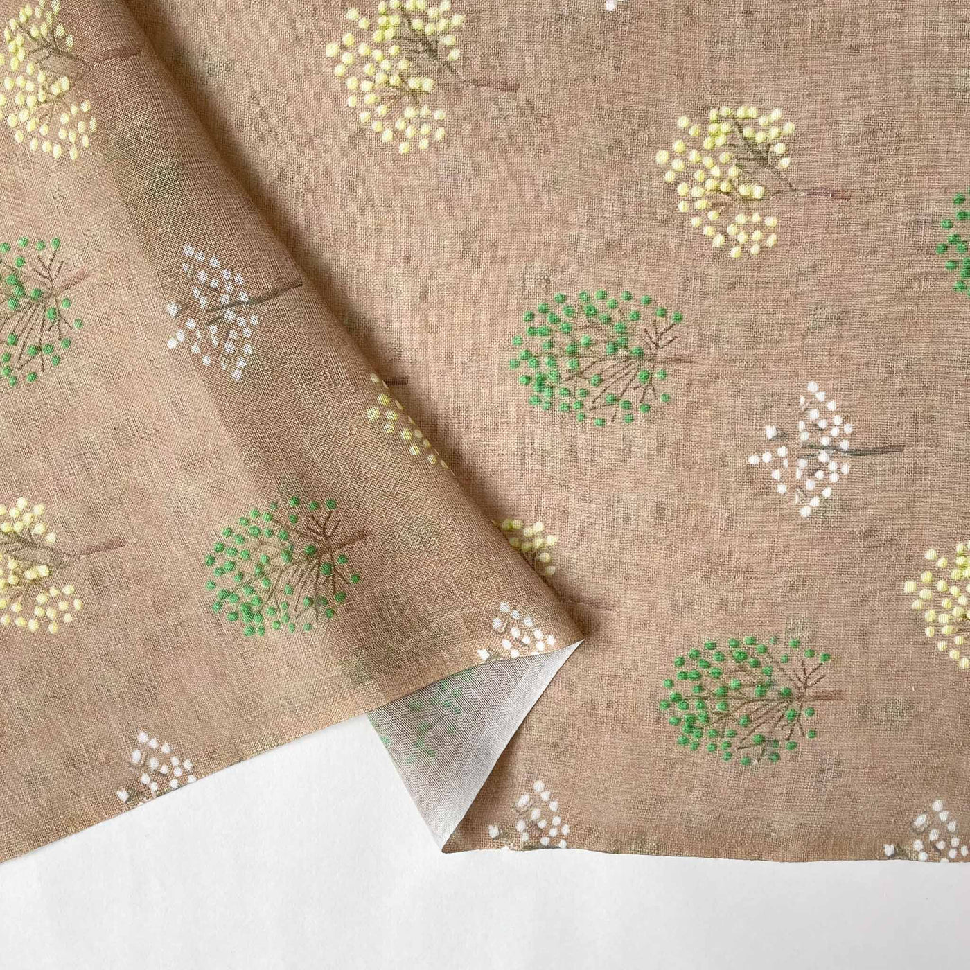Fabric Pandit Cut Piece (Cut Piece) Beige and Green Fresh Apple Trees Digital Printed Linen Neps Fabric (Width 44 Inches)