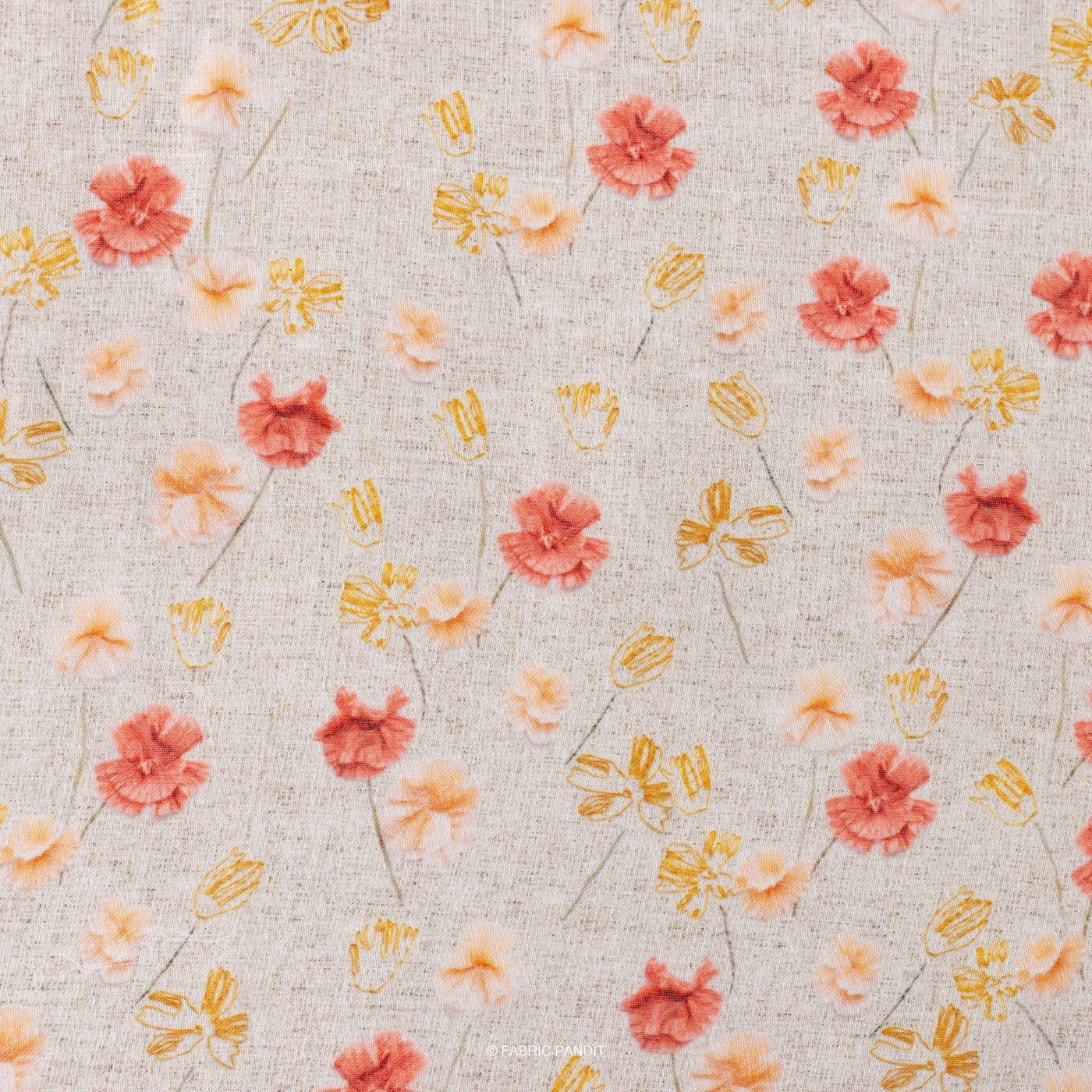 Fabric Pandit Cut Piece (Cut Piece) Beige and Peach Flowers & Buds Digital Printed Linen Neps Fabric (Width 44 Inches)