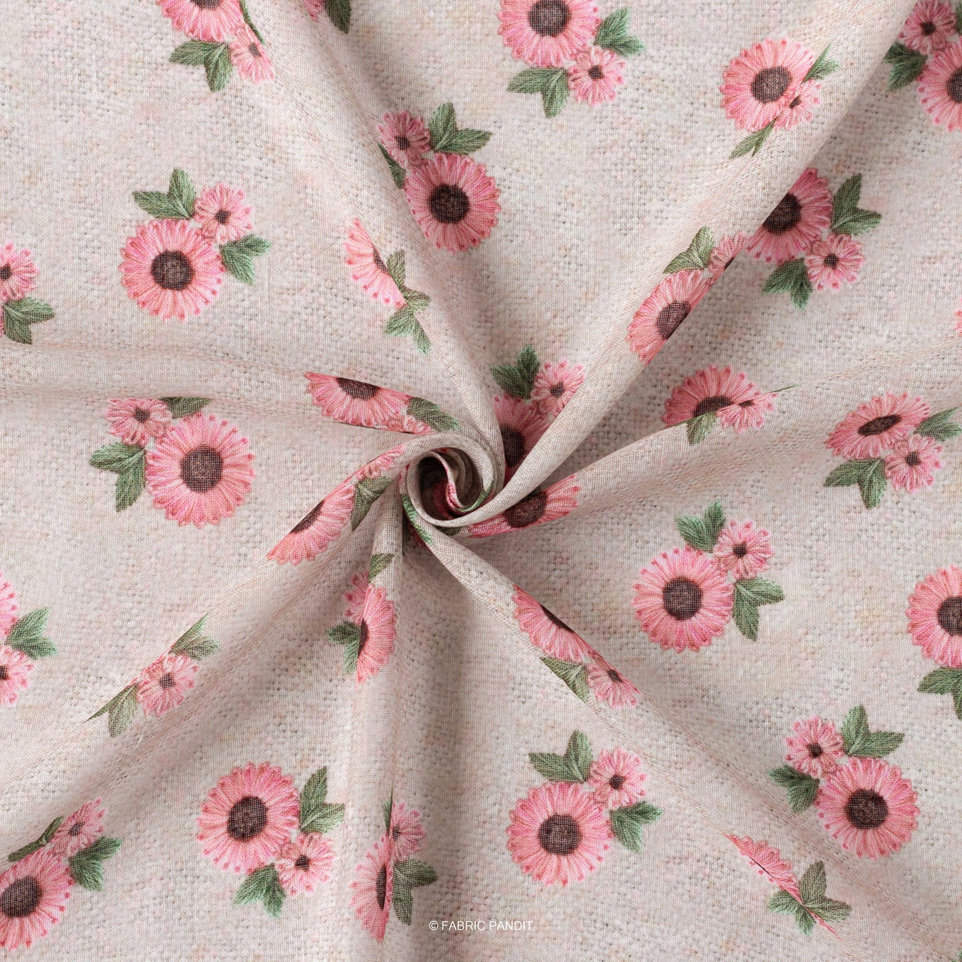 Fabric Pandit Cut Piece (Cut Piece) Beige and Pink Flower Print Digital Printed Linen Neps Fabric (Width 44 Inches)