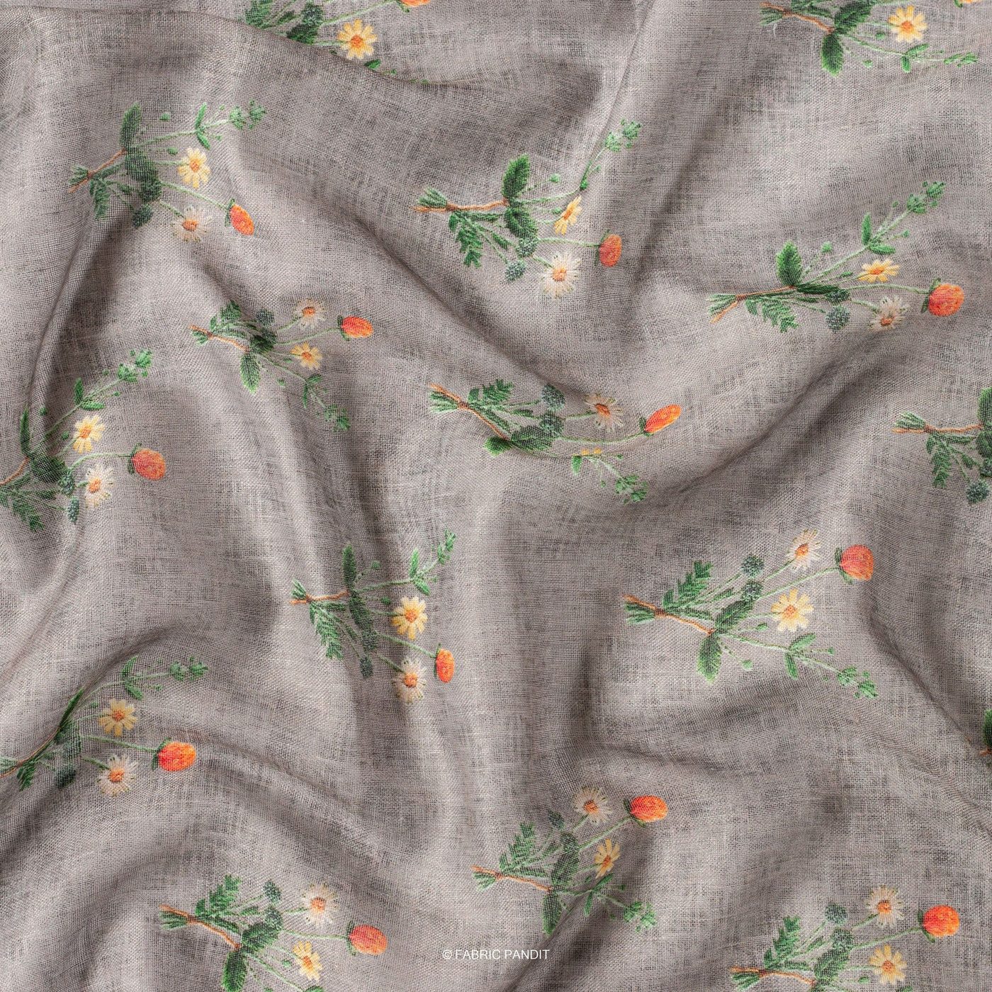 Fabric Pandit Cut Piece (Cut Piece) Dark Grey and Orange Flower Bunch Digital Printed Linen Neps Fabric (Width 44 Inches)