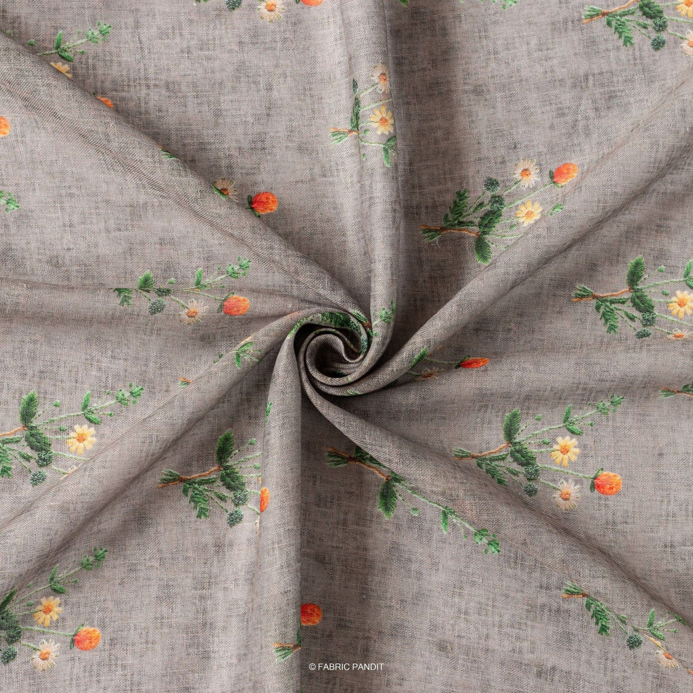 Fabric Pandit Cut Piece (Cut Piece) Dark Grey and Orange Flower Bunch Digital Printed Linen Neps Fabric (Width 44 Inches)