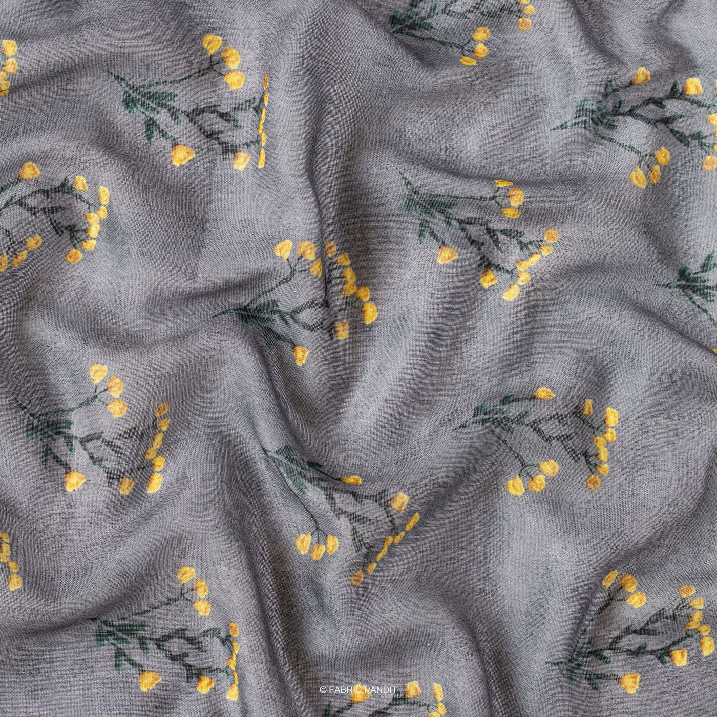 Fabric Pandit Cut Piece (Cut Piece) Dark Grey and Yellow Tulip Bunch Digital Printed Linen Neps Fabric (Width 44 Inches)
