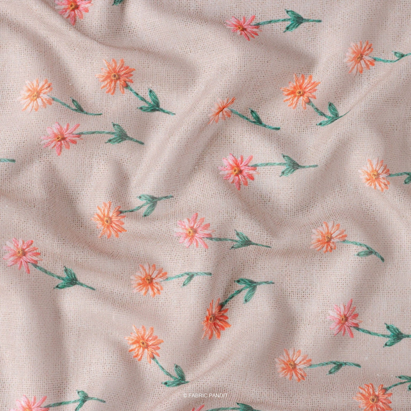 Fabric Pandit Cut Piece (Cut Piece) Dusty Grey and Orange Daisies Digital Printed Linen Neps Fabric (Width 44 Inches)