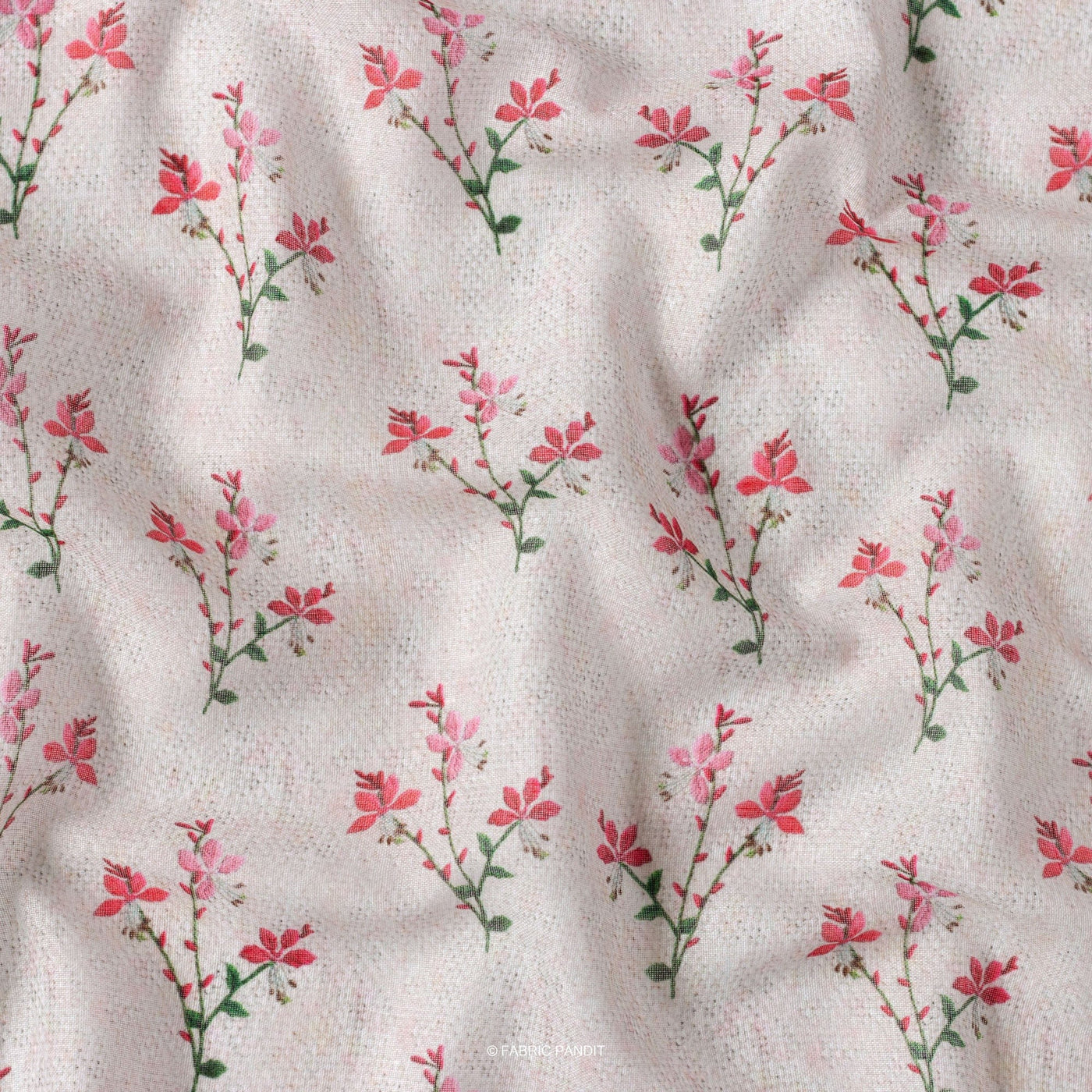 Fabric Pandit Cut Piece (Cut Piece) Grey and Red Tri-Flower Bunch Digital Printed Linen Neps Fabric (Width 44 Inches)