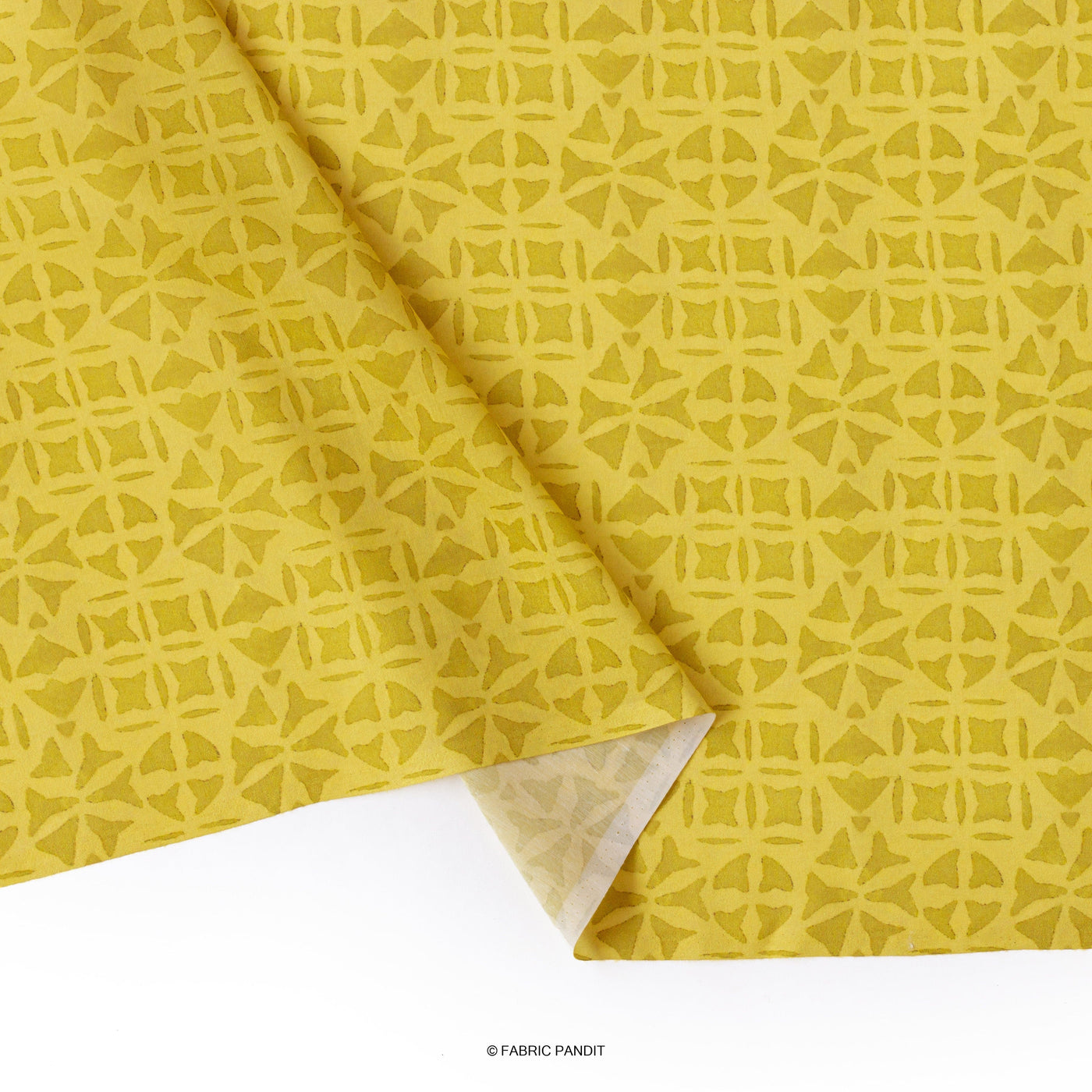 Fabric Pandit Cut Piece (Cut Piece) Mustard Yellow Squares And Circles Geometric Applique Pattern Digital Printed Muslin Fabric (Width 44 Inches)