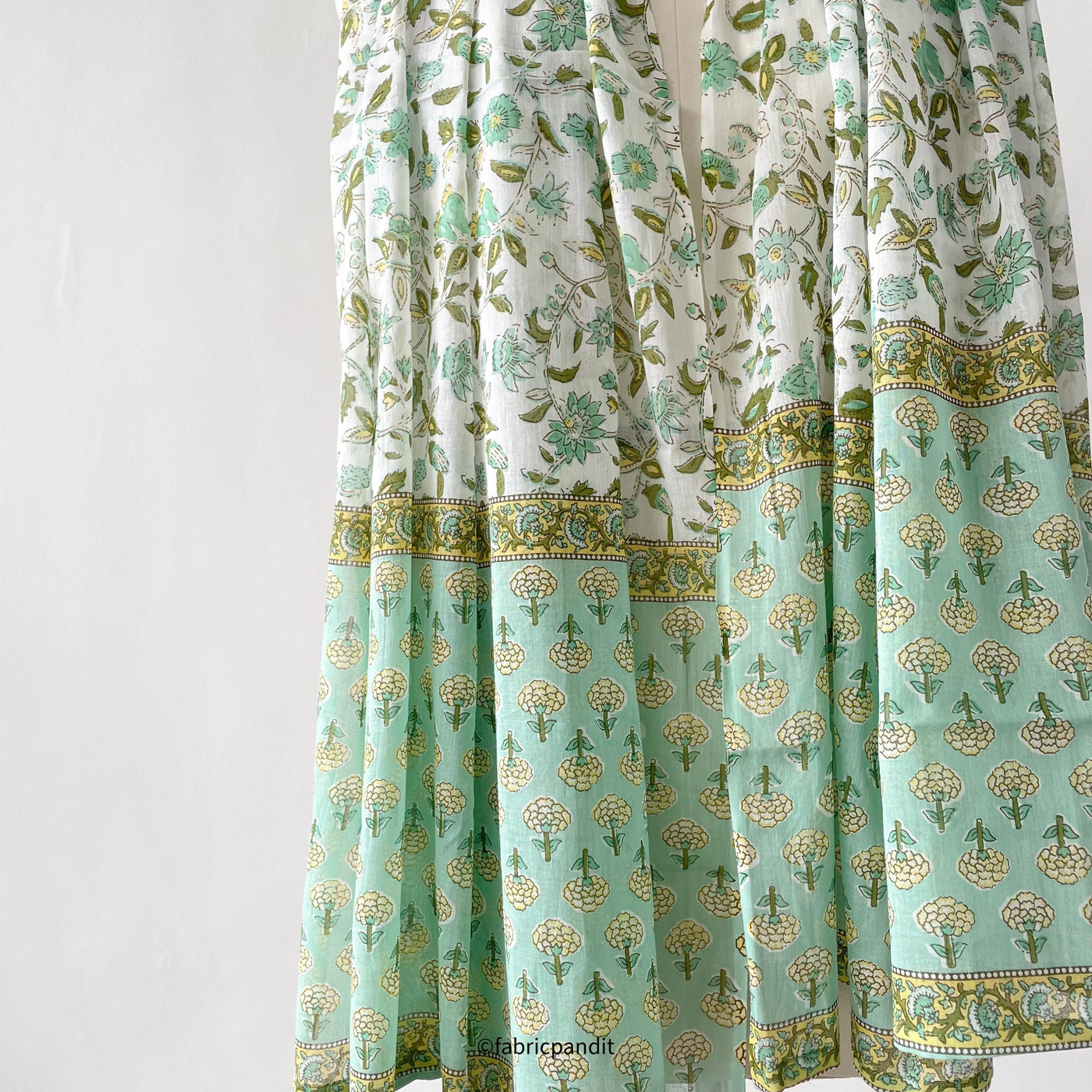 Fabric Pandit Dupatta Aqua Green & Yellow Floral Vines Hand Block Printed Pure Cotton Dupatta (2.5 mtr)