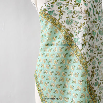 Fabric Pandit Dupatta Aqua Green & Yellow Floral Vines Hand Block Printed Pure Cotton Dupatta (2.5 mtr)