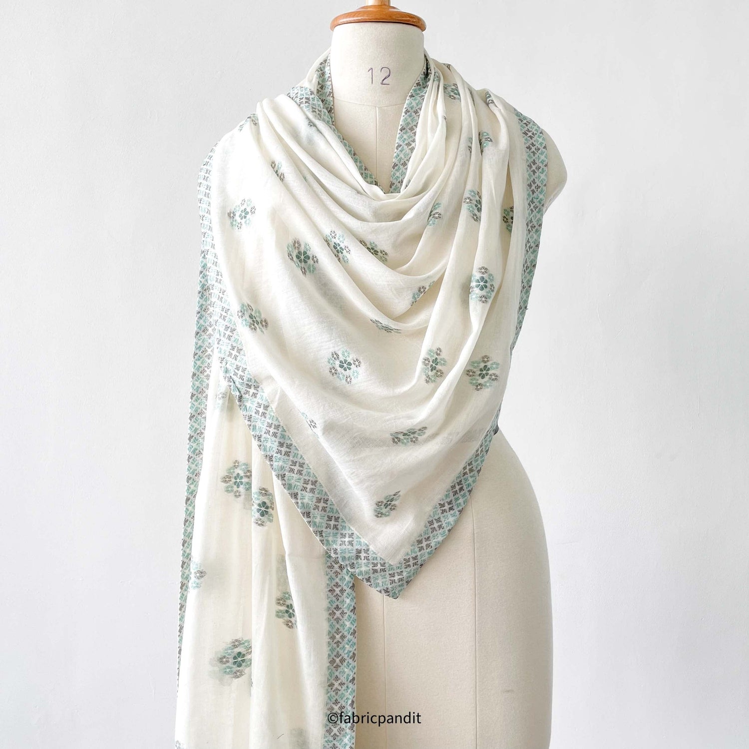 Fabric Pandit Dupatta Dusty Green & Off-White Flower Bunch Confetti Collection Pure Mul Cotton Dupatta (2.3 Meters)