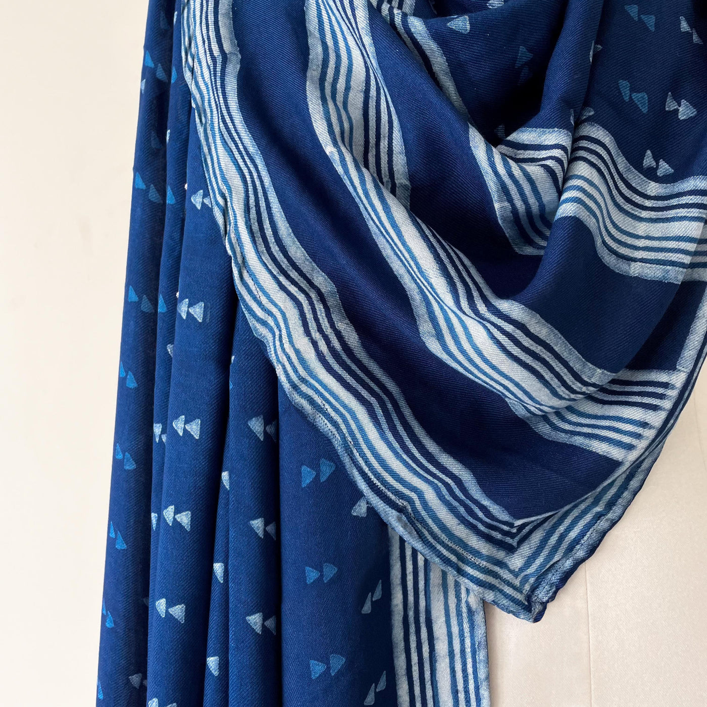 Fabric Pandit Dupatta Indigo Dabu Natural Dyed Stripes & Triangles Timeless Blues Hand Block Printed Soft Pashmina Dupatta (2.3 meters)