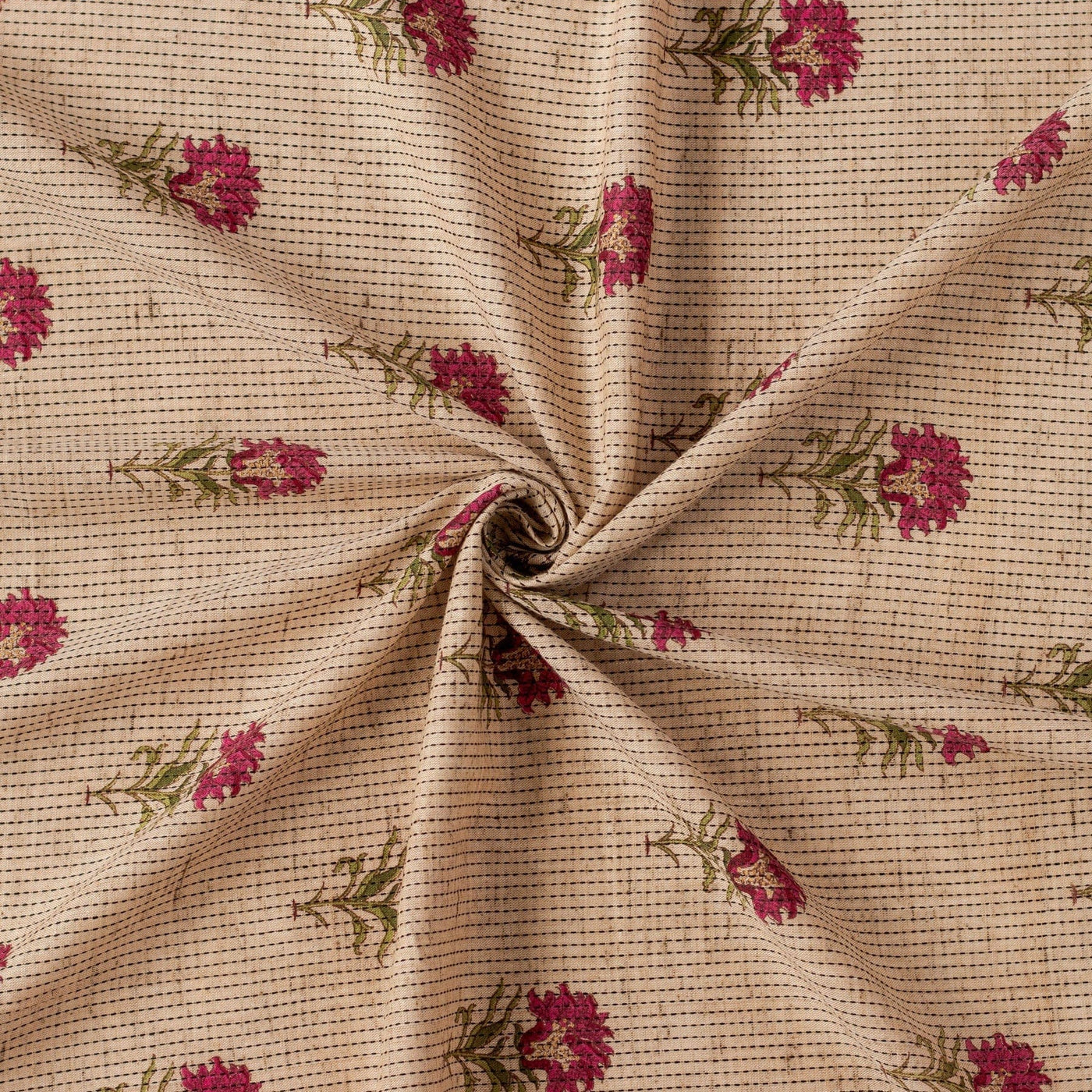 Fabric Pandit Fabric Beige and Magenta Floral Woven Kantha Hand Block Printed Pure Cotton Fabric (WIdth 44 Inches)
