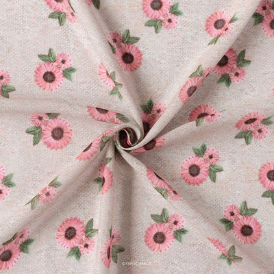 Fabric Pandit Fabric Beige and Pink Flower Print Digital Printed Linen Neps Fabric (Width 44 Inches)