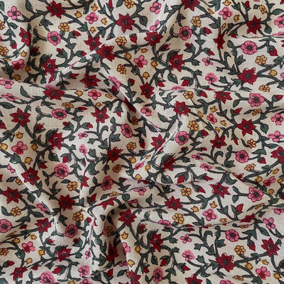 Fabric Pandit Fabric Beige & Maroon Mughal Floral Vines Hand Block Printed Pure Cotton Linen Fabric (Width 42 inches)