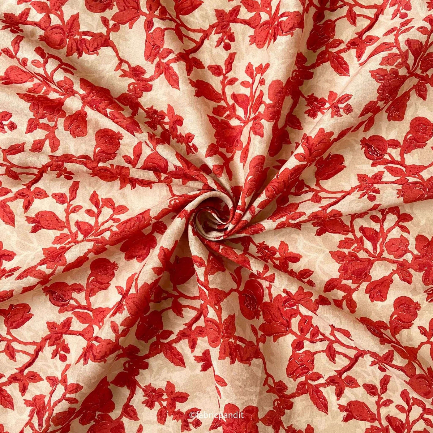 Fabric Pandit Fabric Beige & Maroon Pomegranate Garden Hand Block Printed Pure Mul Cotton Fabric (Width 42 Inches)