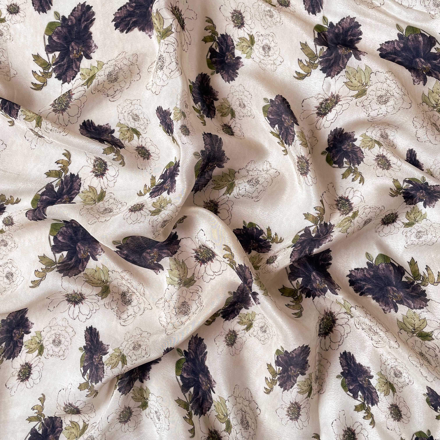 Fabric Pandit Fabric Beige & Violet Dhalia Garden Digital Printed Pure Crepe Fabric (Width 43 Inches)