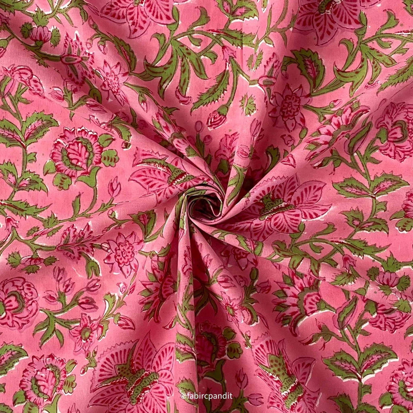 Fabric Pandit Fabric Berry Pink and Green Garden of Jasmine Hand Block Printed Pure Cotton Fabric (Width 43 inches)