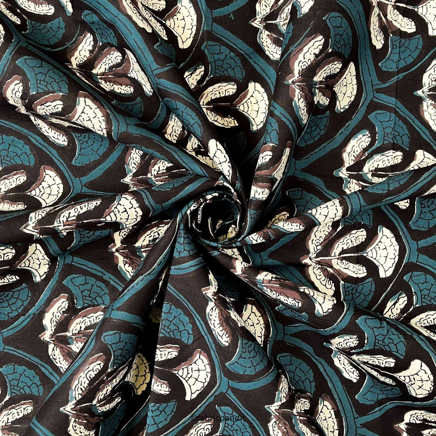 Fabric Pandit Fabric Black and Dusty Blue Egyptian Tulips Hand Block Printed Pure Cotton Modal Fabric (Width 42 inches)
