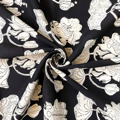 Fabric Pandit Fabric Black & Beige Abstract Floral Authentic Bagru Hand Block Printed Pure Cotton Fabric (Width 42 inches)