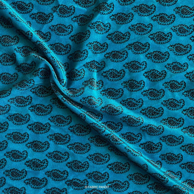 Fabric Pandit Fabric Blue and Black Paisley Bagh Digital Print Pure Velvet Fabric (Width 44 Inches)