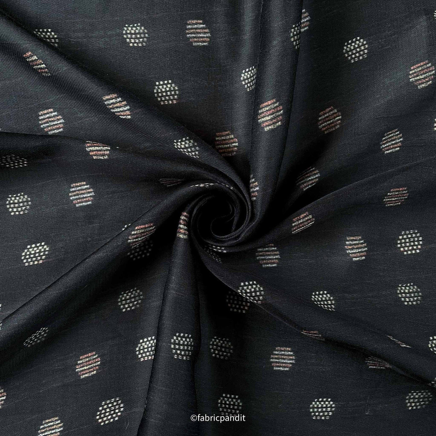 Fabric Pandit Fabric Bold Black Geometric Texture Digital Printed Pure Muga Satin Fabric (Width 44 Inches)