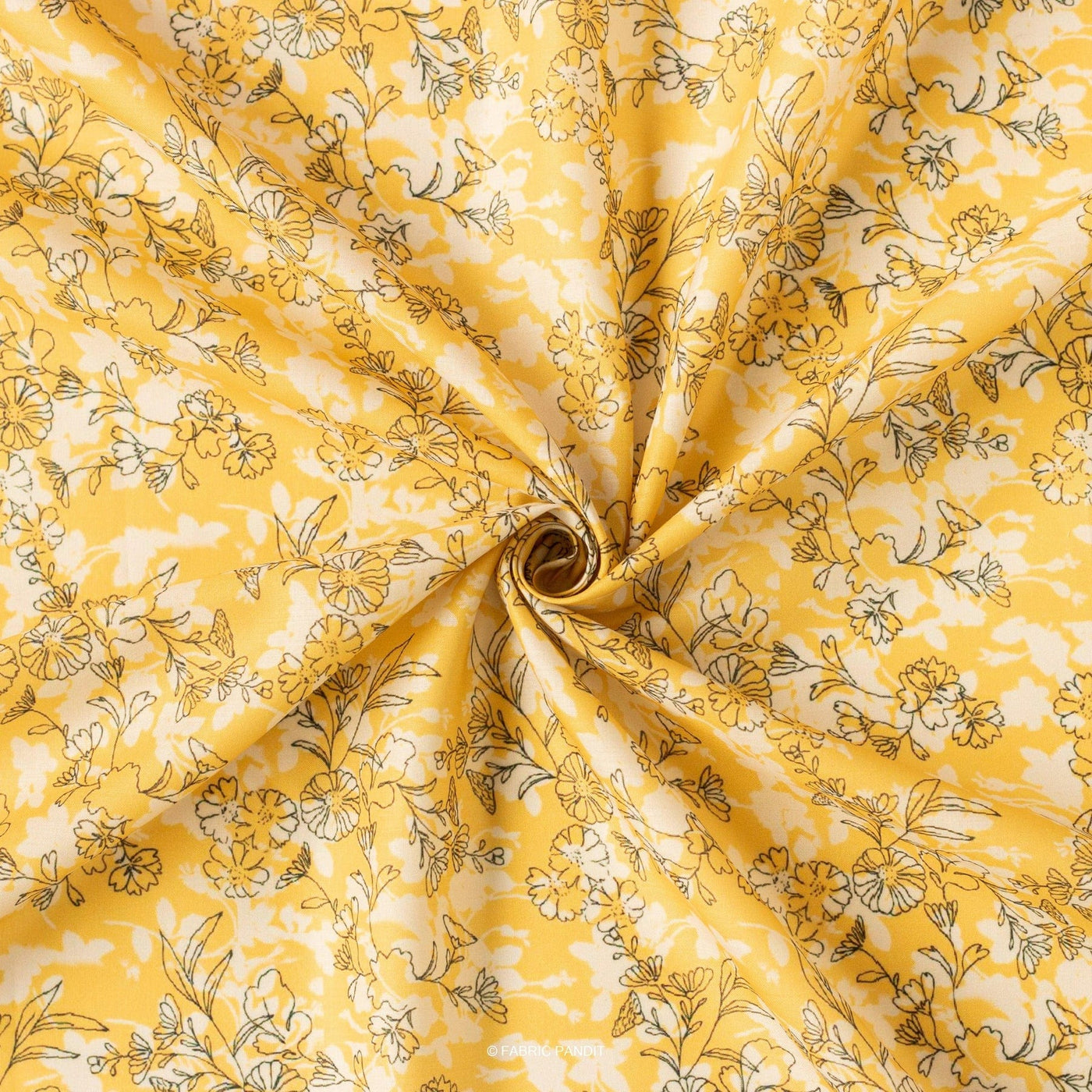 Fabric Pandit Fabric Bright Yellow All Over Floral Vines Digital Printed Cambric Fabric (Width 43 Inches)