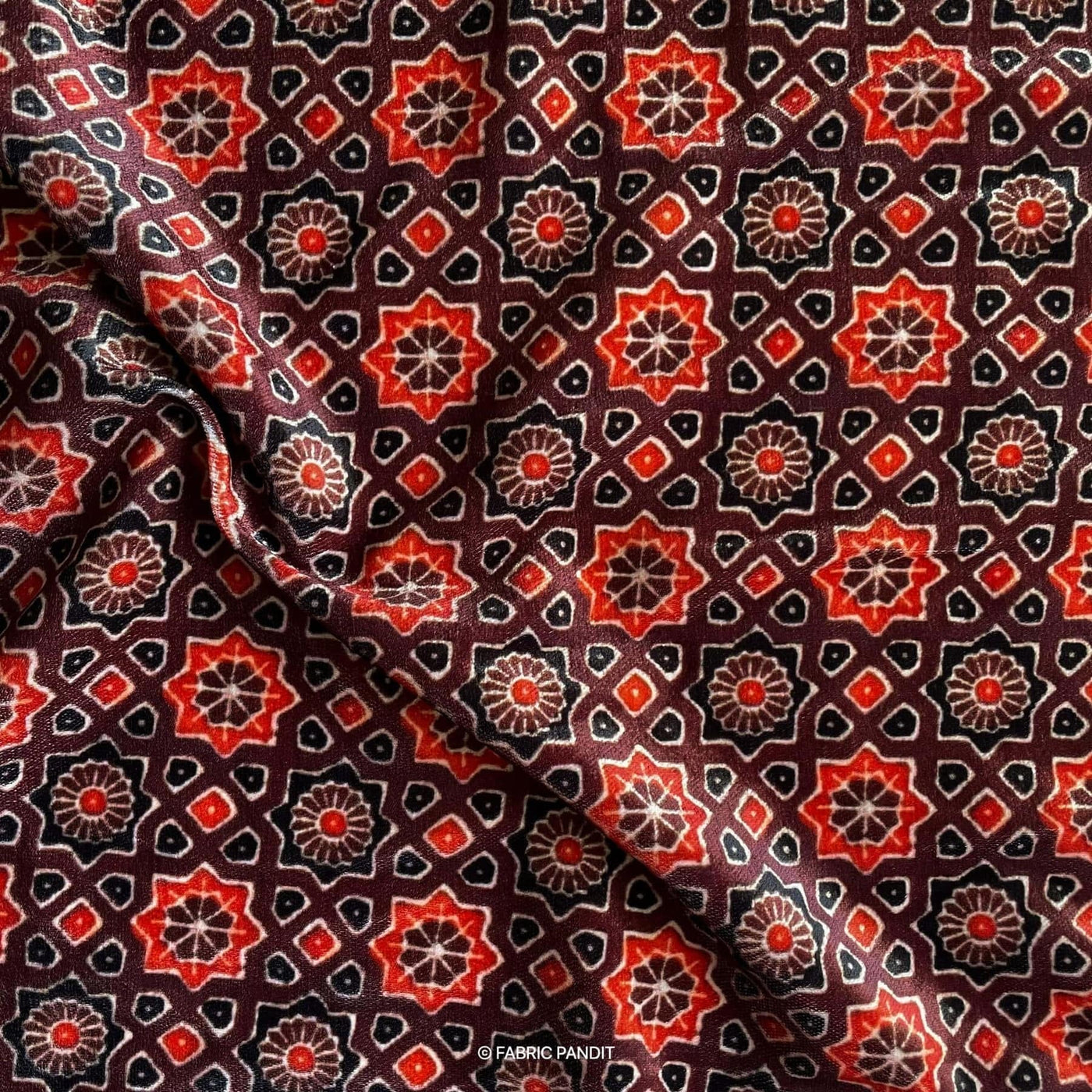 Fabric Pandit Fabric Brown And Orange Geometric Ajrak Digital Print Pure Velvet Fabric (Width 44 Inches)