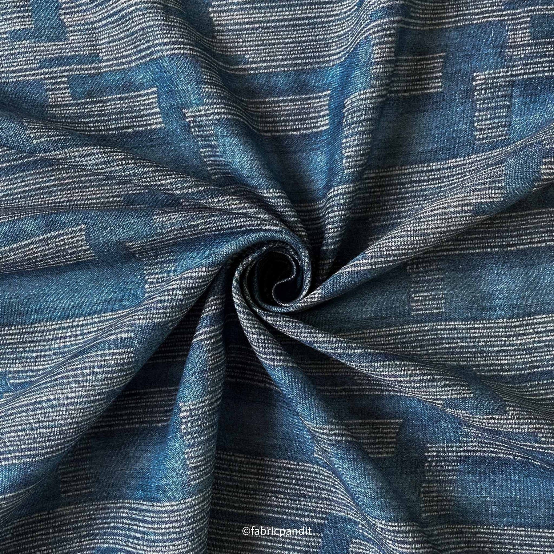 Fabric Pandit Fabric Denim Blue & White Textured Digital Printed Pure Cotton Linen Fabric (Width 58 Inches)