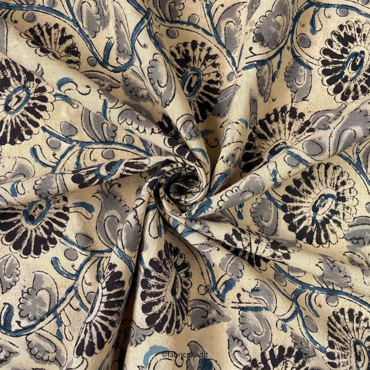Fabric Pandit Fabric Dusty Beige and Black Sunflower Vines Pure Ajrakh Natural Dyed Hand Block Printed Pure Cotton Fabric (Width 42 inches)