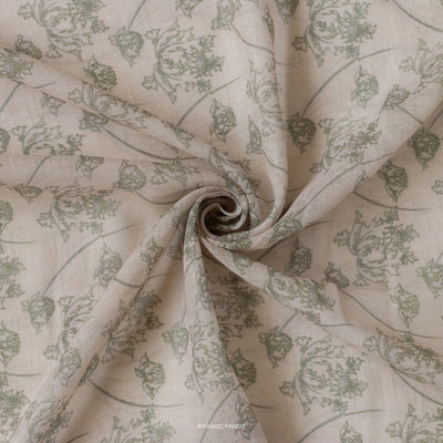 Fabric Pandit Fabric Dusty Beige And Green Dandelions Digital Printed Linen Neps Fabric (Width 44 Inches)