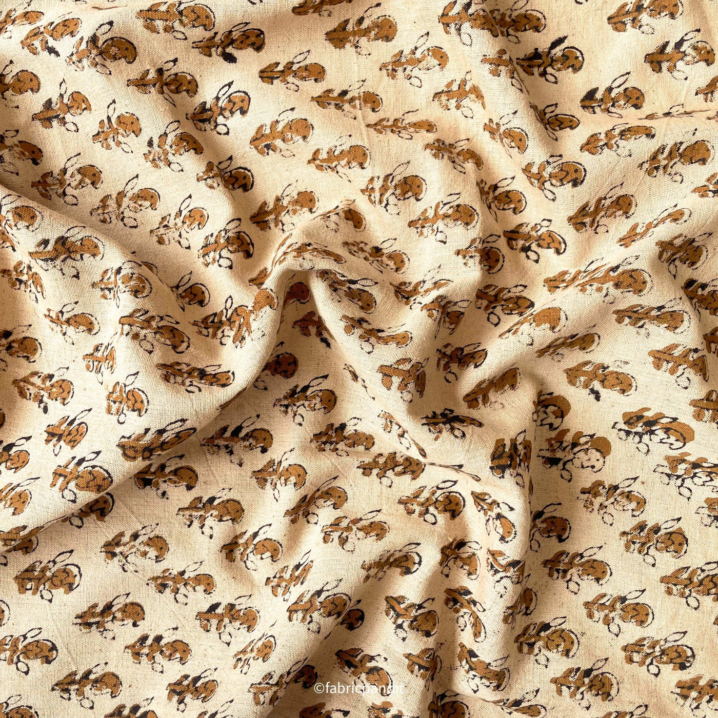 Fabric Pandit Fabric Dusty Beige & Brown Abstract Paisley Hand Block Printed Pure Cotton Linen Fabric (Width 42 inches)