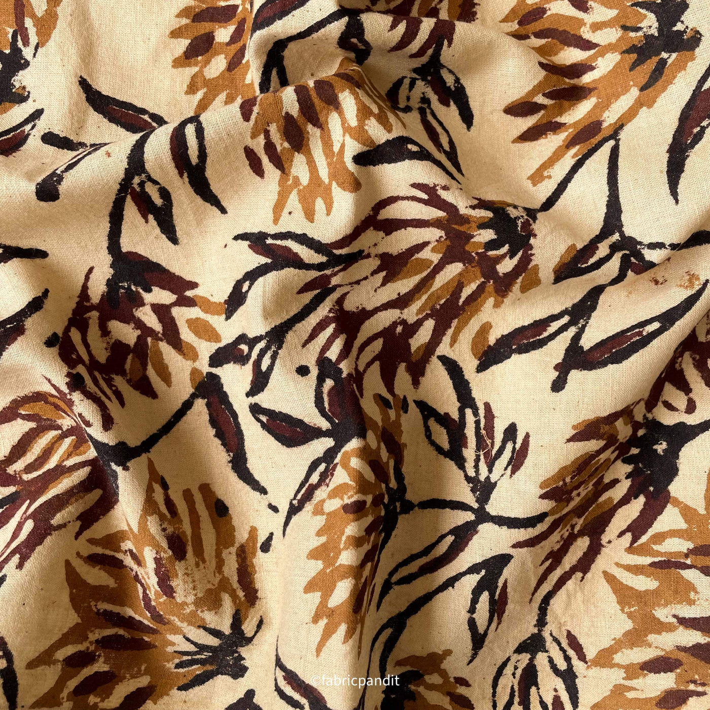 Dusty Beige & Brown Wild Flowers Hand Block Printed Pure Cotton Fabric –  Fabric Pandit