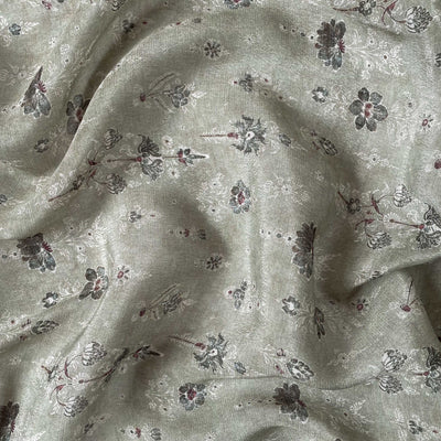 Fabric Pandit Fabric Dusty Green & White Vintage Floral Digital Printed Pure Crepe Fabric (Width 43 Inches)