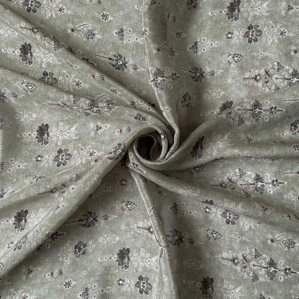 Fabric Pandit Fabric Dusty Green & White Vintage Floral Digital Printed Pure Crepe Fabric (Width 43 Inches)