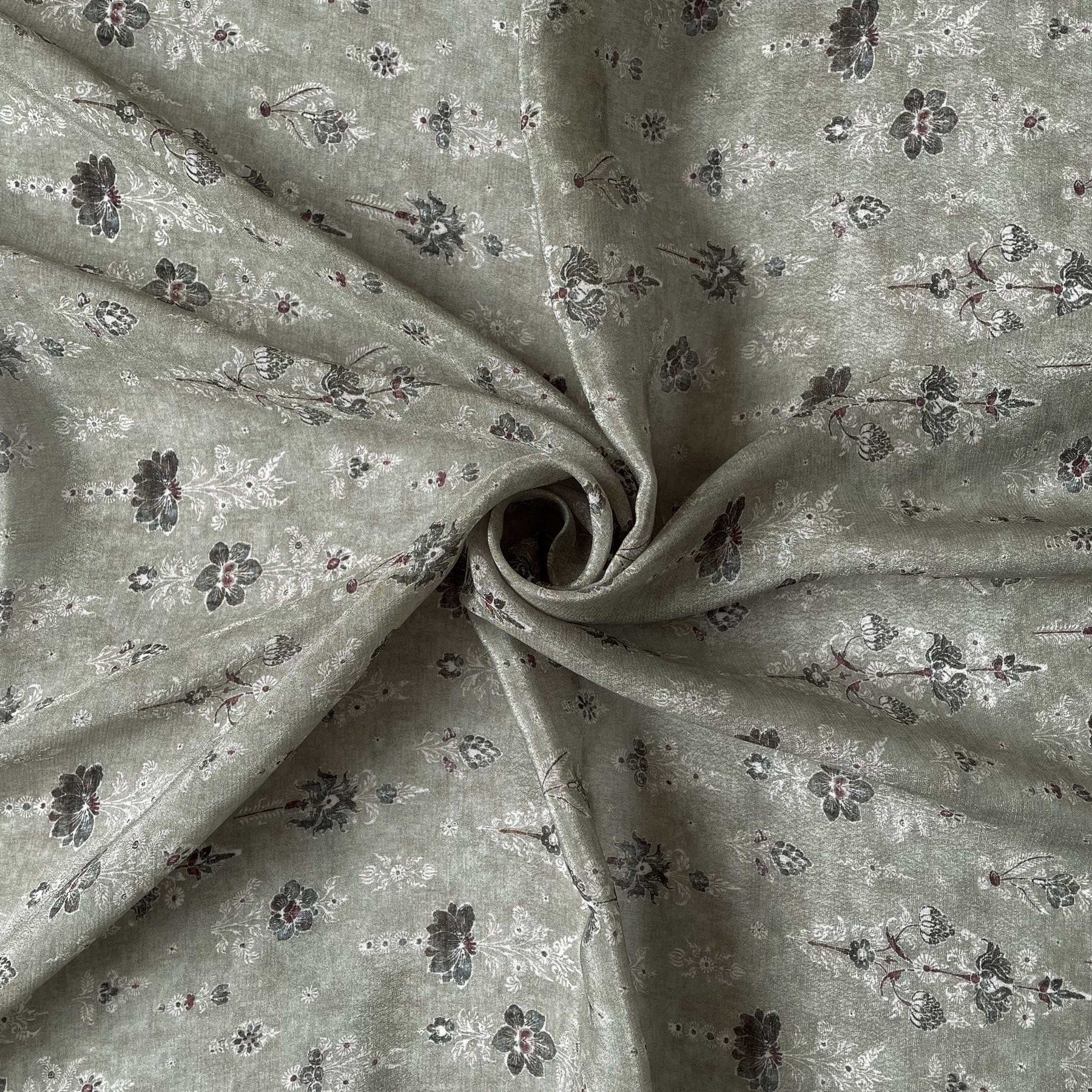 Fabric Pandit Fabric Dusty Green & White Vintage Floral Digital Printed Pure Crepe Fabric (Width 43 Inches)