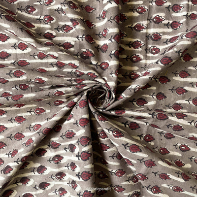 Fabric Pandit Fabric Dusty Grey & Red Abstract Tulips Hand Block Printed Pure Cotton Fabric (Width 42 inches)