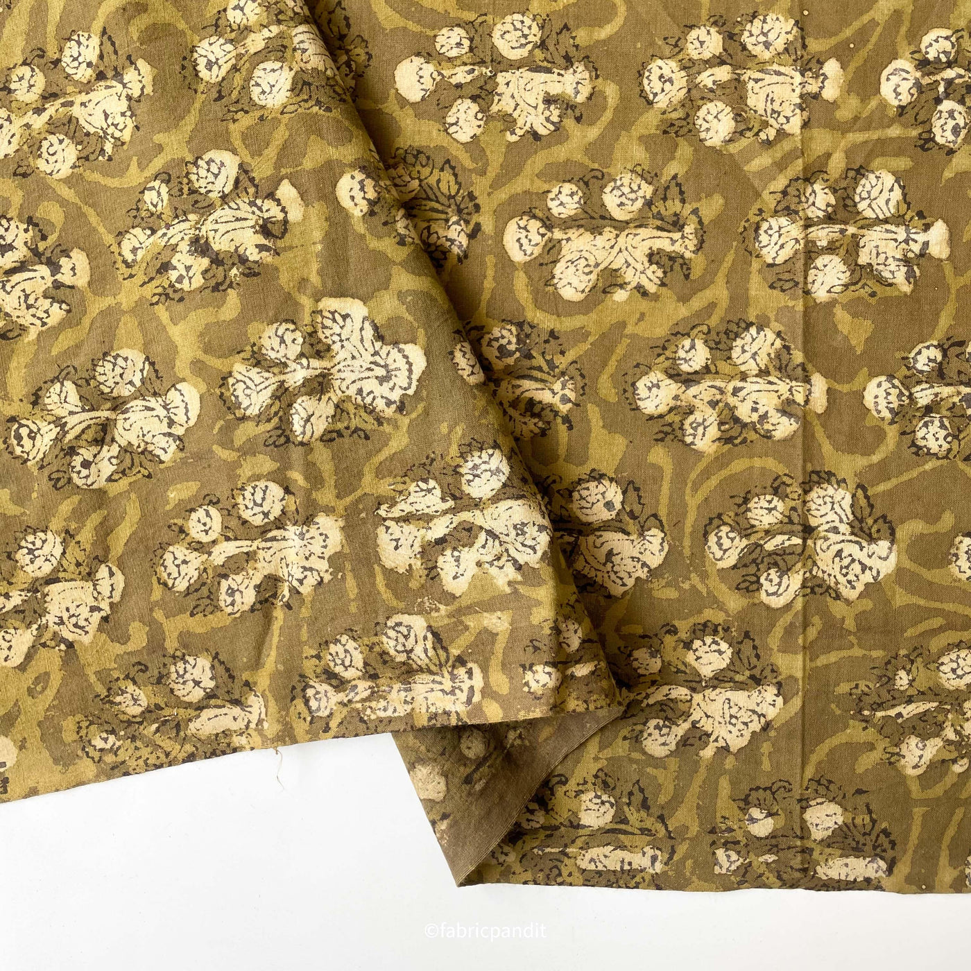 Fabric Pandit Fabric Dusty Olive Green Floral Bunch Hand Block Printed Pure Cotton Fabric (Width 42 inches)