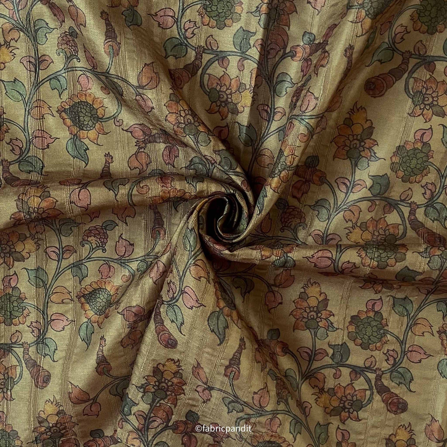 Fabric Pandit Fabric Dusty Olive Green Kalamkari Digital Printed Tussar Silk Fabric (Width 44 Inches)