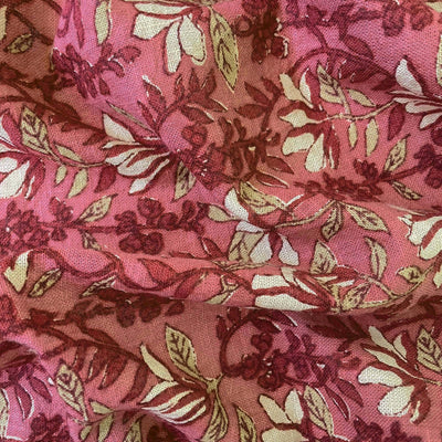 Fabric Pandit Fabric Dusty Pink & Maroon Water Lillies Hand Block Printed Pure Cotton Linen Fabric (Width 42 inches)