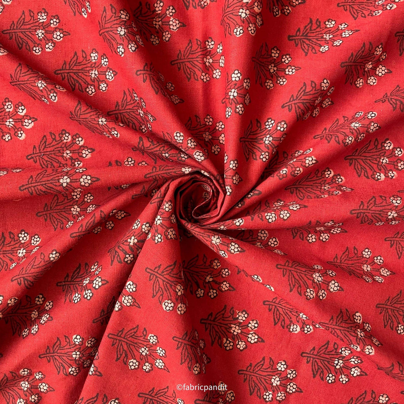Fabric Pandit Fabric Dusty Red & Beige Daisy Flower Bunch Hand Block Printed Pure Cotton Fabric (Width 42 inches)