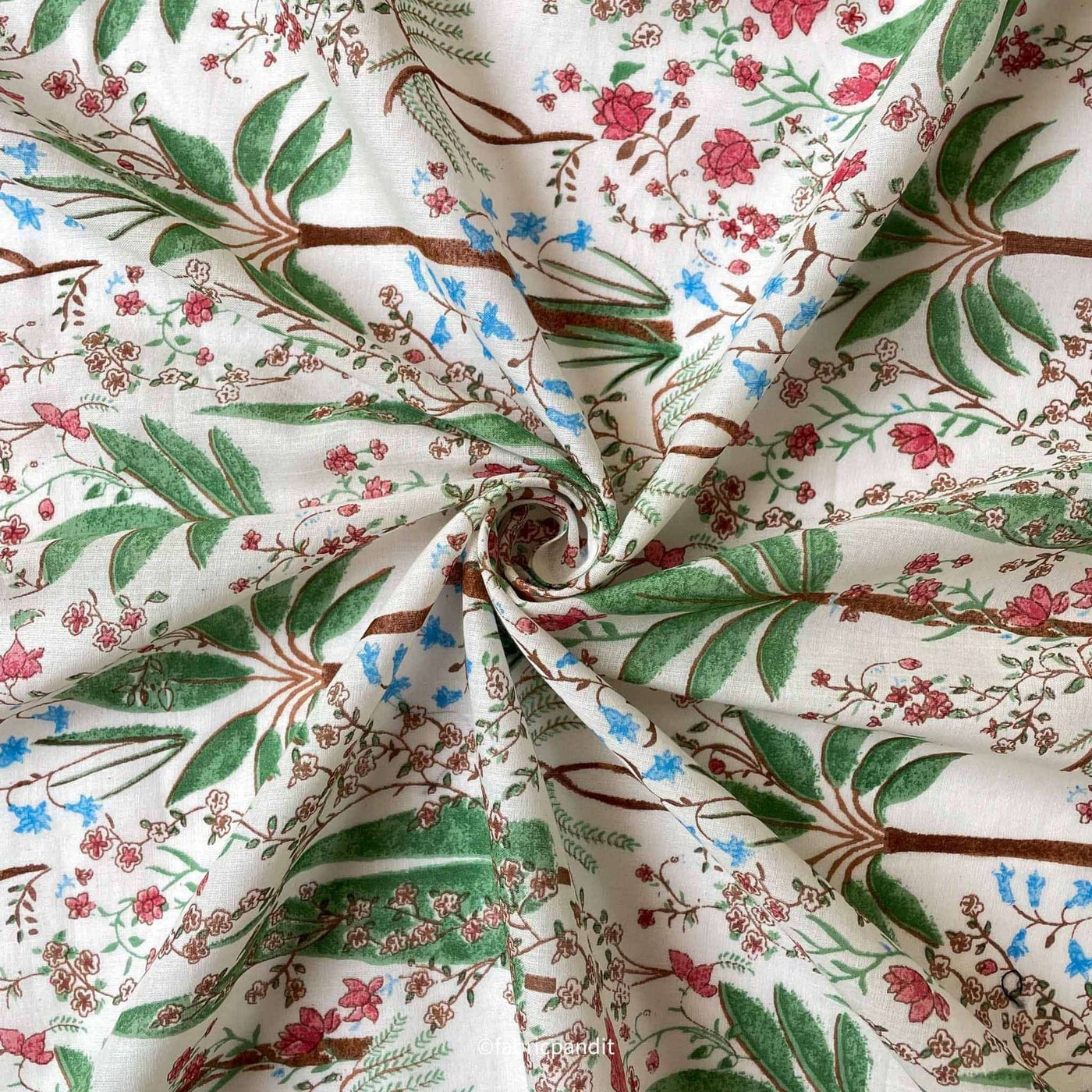 Fabric Pandit Fabric Fresh Green and Pink The Calm of Oasis Hand Block Printed Pure Mul Cotton Fabric (Width 44 Inches)