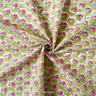 Fabric Pandit Fabric Green and Pink Mughal Flower Hand Block Printed Pure Cotton Slub (Width 43 inches)