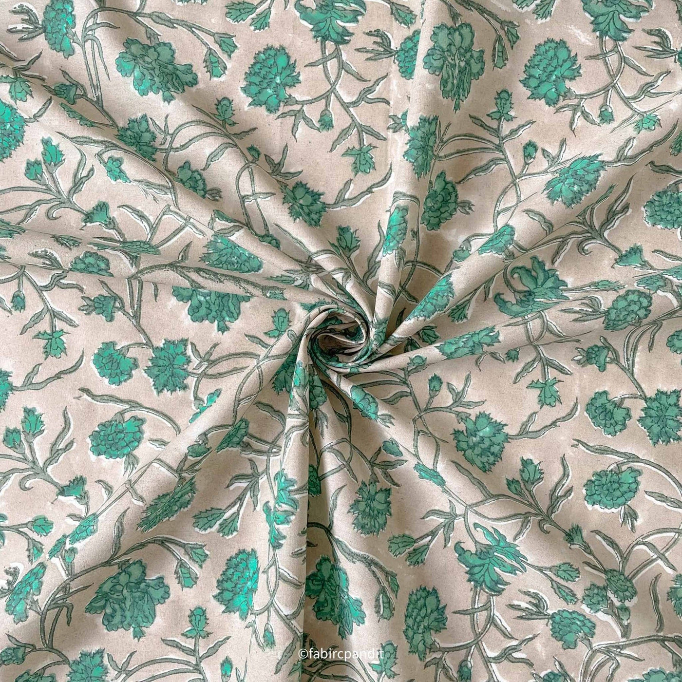 Fabric Pandit Fabric Grey and Turquoise Egyptian Floral Vines Hand Block Printed Pure Cotton Fabric (Width 43 inches)