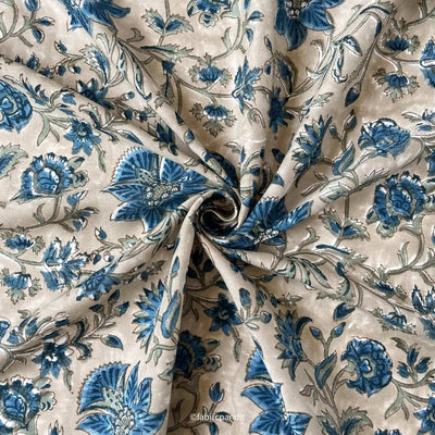 Fabric Pandit Fabric Grey and Water Blue Egyptian Floral Vines Hand Block Printed Pure Cotton Fabric (Width 43 inches)