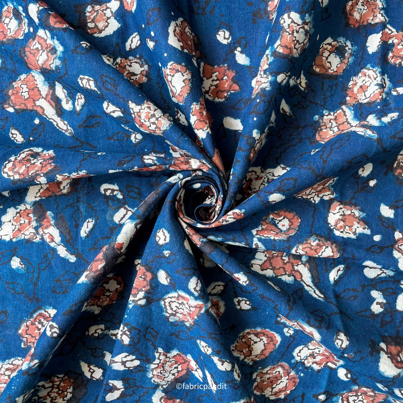 Fabric Pandit Fabric Indigo Blue & Red Abstract Floral Hand Block Printed Pure Cotton Fabric (Width 42 inches)