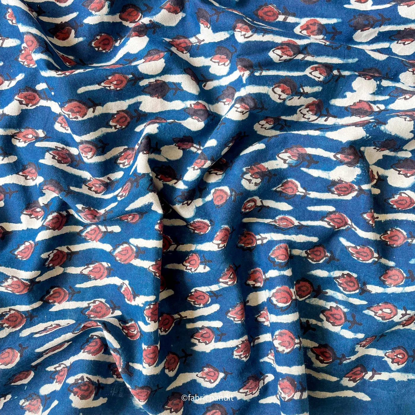 Fabric Pandit Fabric Indigo Blue & Red Abstract Tulips Hand Block Printed Pure Cotton Fabric (Width 42 inches)