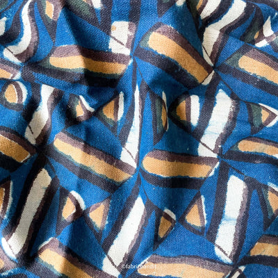 Fabric Pandit Fabric Indigo Blue & Red Criss-Cross Geometric Hand Block Printed Pure Cotton Linen Fabric (Width 42 inches)