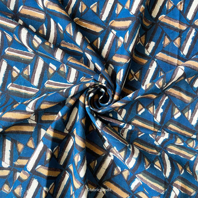 Fabric Pandit Fabric Indigo Blue & Red Criss-Cross Geometric Hand Block Printed Pure Cotton Linen Fabric (Width 42 inches)